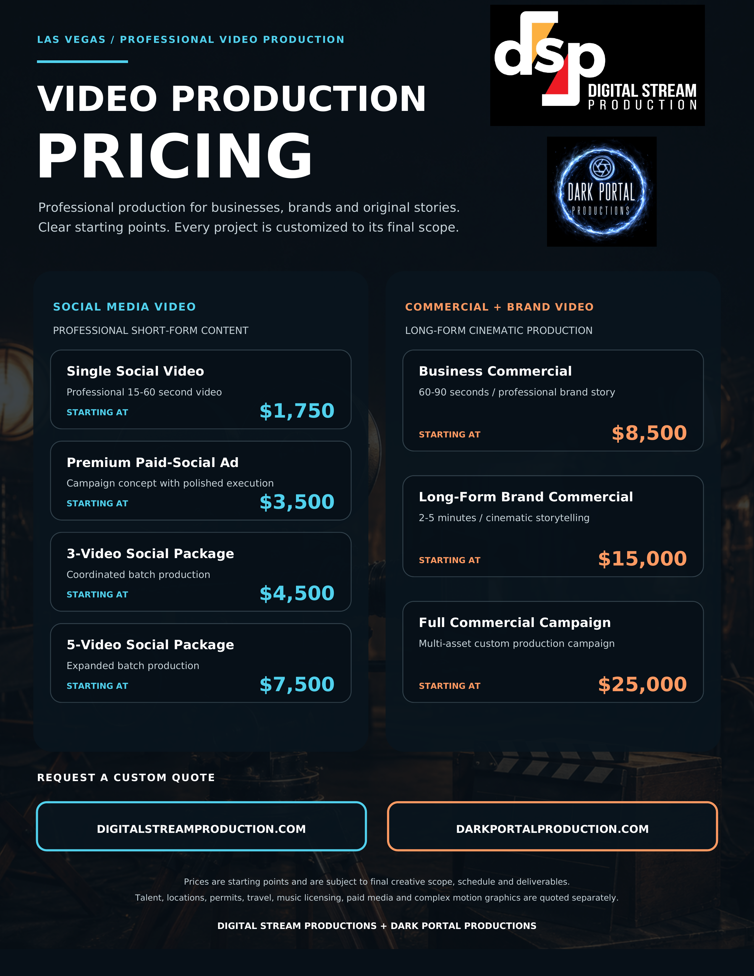 Dark Portal Productions and Digital Stream Productions video production pricing one sheet